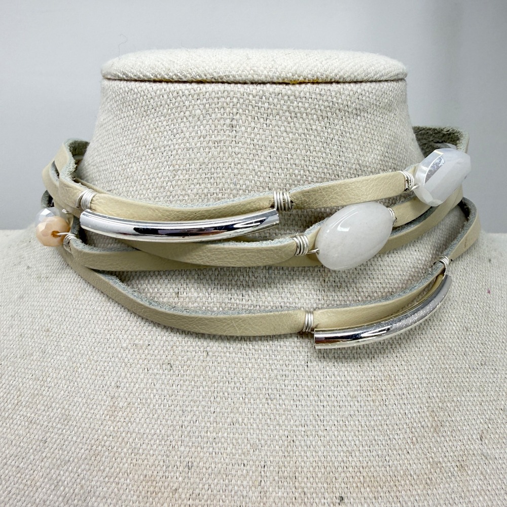 J. Jill Leather Choker Necklace Pearl Stone‎ Silver Tone Cream NEW